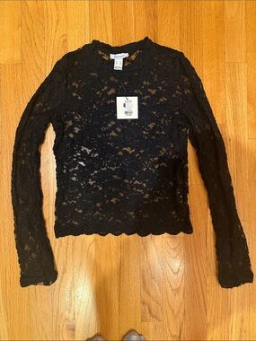 Revamped Black Lace Long-Sleeve Sheer Top